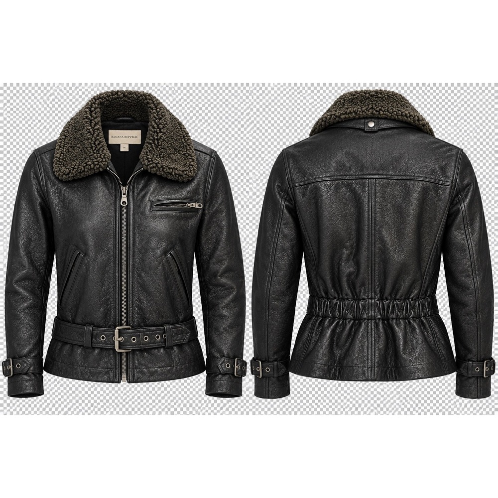 Womens S Black Leather Moto Jacket Belted Faux Shearling Collar Y2K Biker Zip
